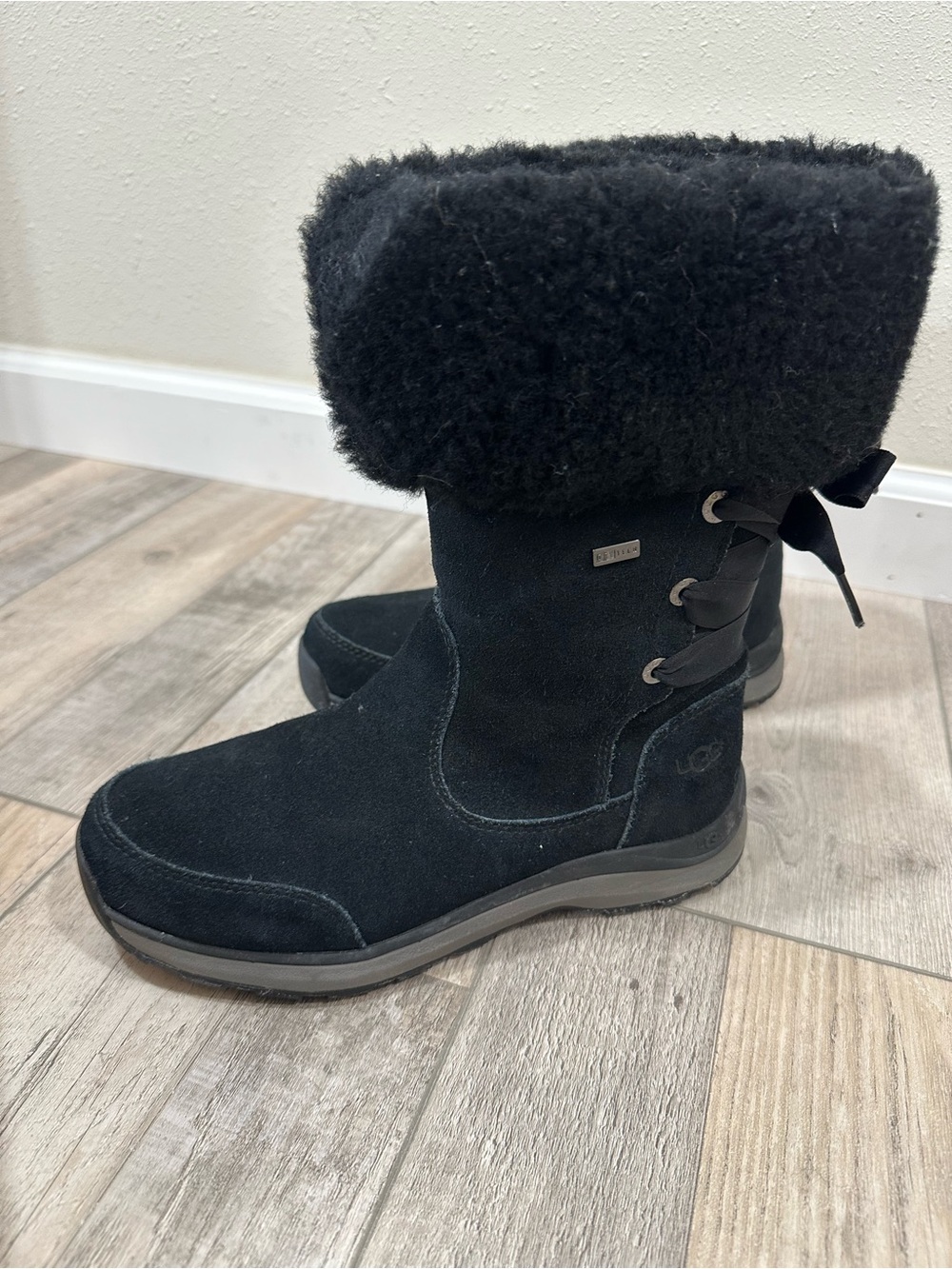 UGG Black Suede Shearling Cuff Mid-Calf Winter Boots